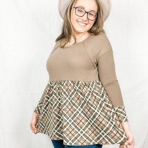 Long-Sleeve Plaid Peplum Top